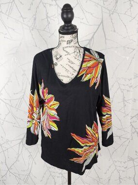 Attitude Black Cotton Jersey Artsy Colorful Floral V-Neck Top